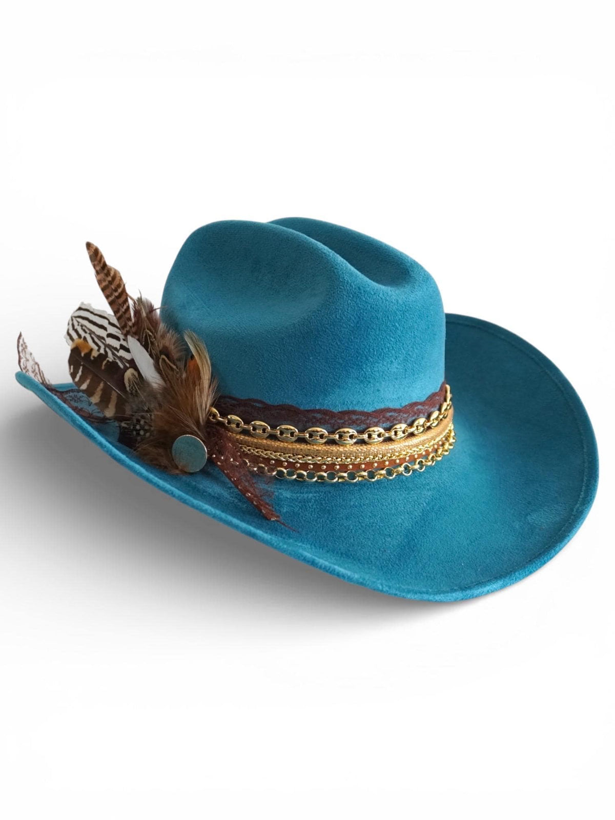 Country Concert Hat Turquoise Western Accessory Festival Cowboy Hat Style Gold Chain Details Embellished Design Women Boho Fashion Essential Teal Statement Headwear Nashville Outfit Accessory Bachelorette Party Fashion Feather Details
