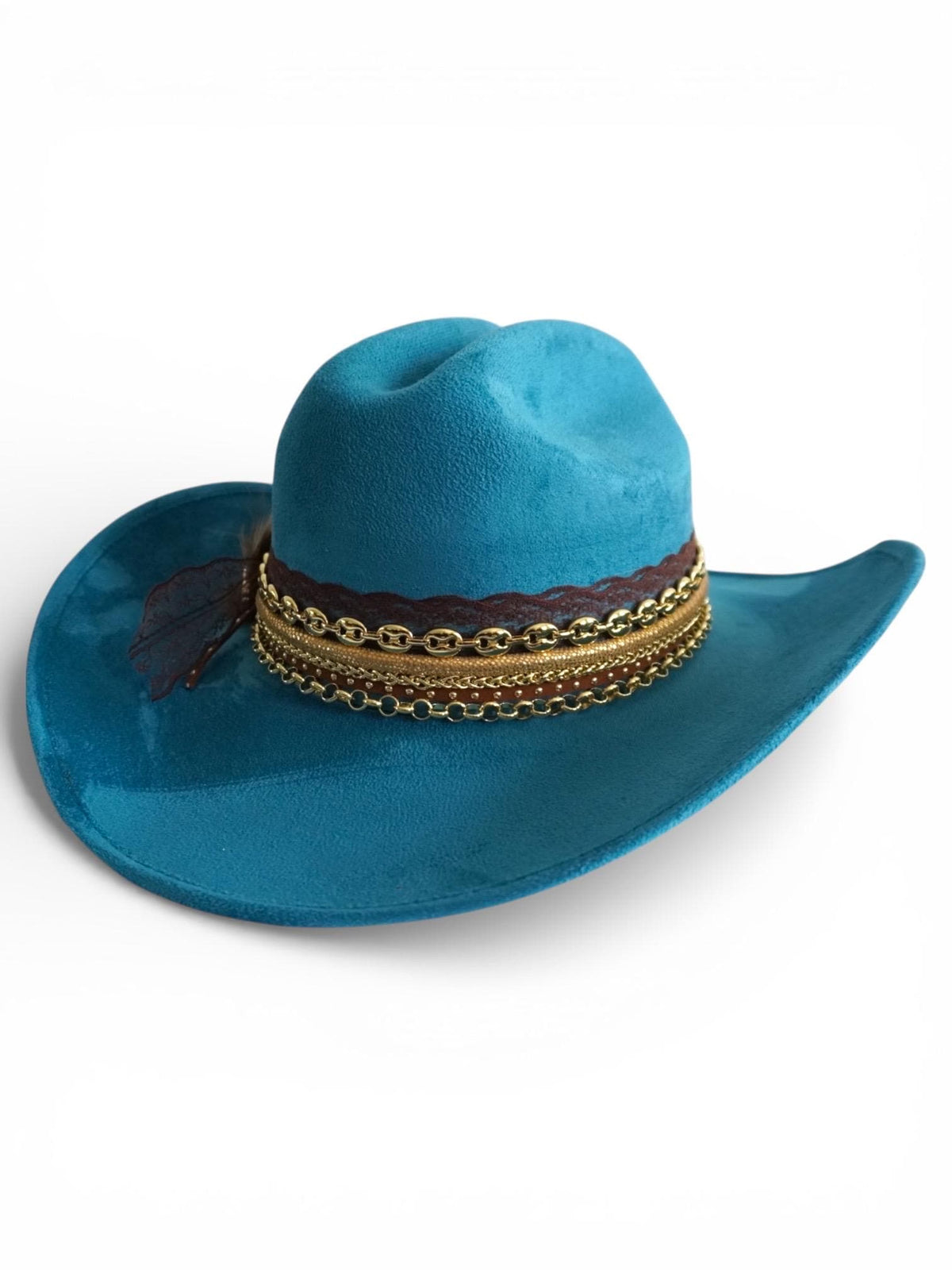 Boho Western Hat Turquoise Festival Style Handcrafted Cowboy Hat Design Gold Chain Embellished Accessory Feather Details Country Concert Fashion Teal Statement Piece Women Festival Headwear Nashville Style Essential Bachelorette Party