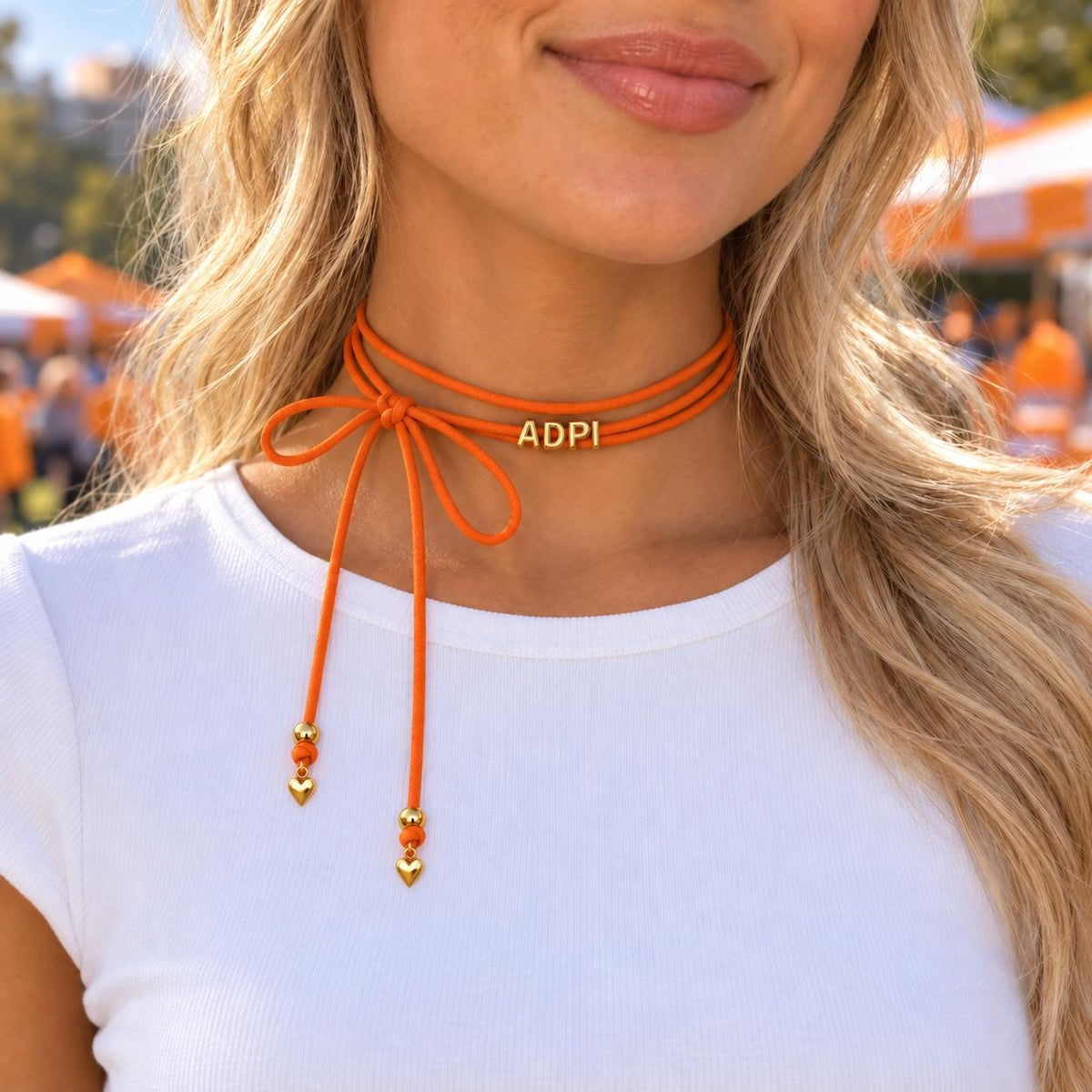 Sorority Gift Jewelry Greek Letter Necklace Gold Plated Wrap Style Perfect Big Little Sister Present Bid Day Ceremony Essential Customizable School Colors Heart Charm Details Adjustable Ties 80 Inch Cord Length Initiation Event College