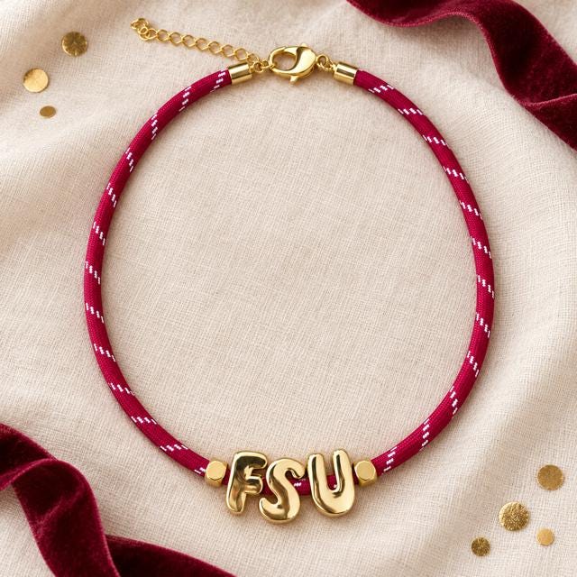 College Choker Necklace Beaded Jewelry School Spirit Personalized Name Custom University Student Gift FSU Ohio State Alabama Georgia Clemson Tennessee Penn State MSU Team Color Striped Cord Design Gold Bubble Letter Beads Graduation Gift