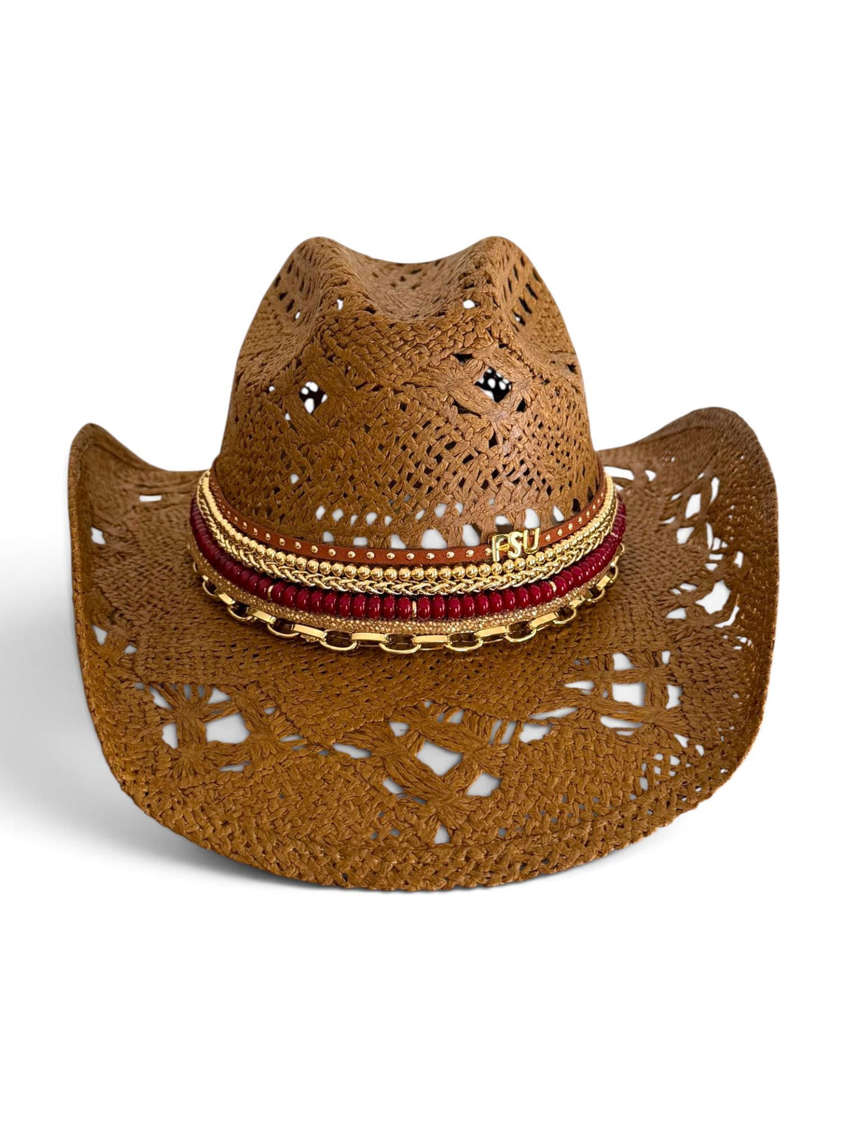 FSU College Spirit Hat Straw Cowboy Design Game Day Accessory Garnet Glass Beads Gold Jewelry Accents Custom Hatband Details Premium Structured Construction Tan Brown Natural Weave Pattern Western Style Fan Gear Personalized School Spirit