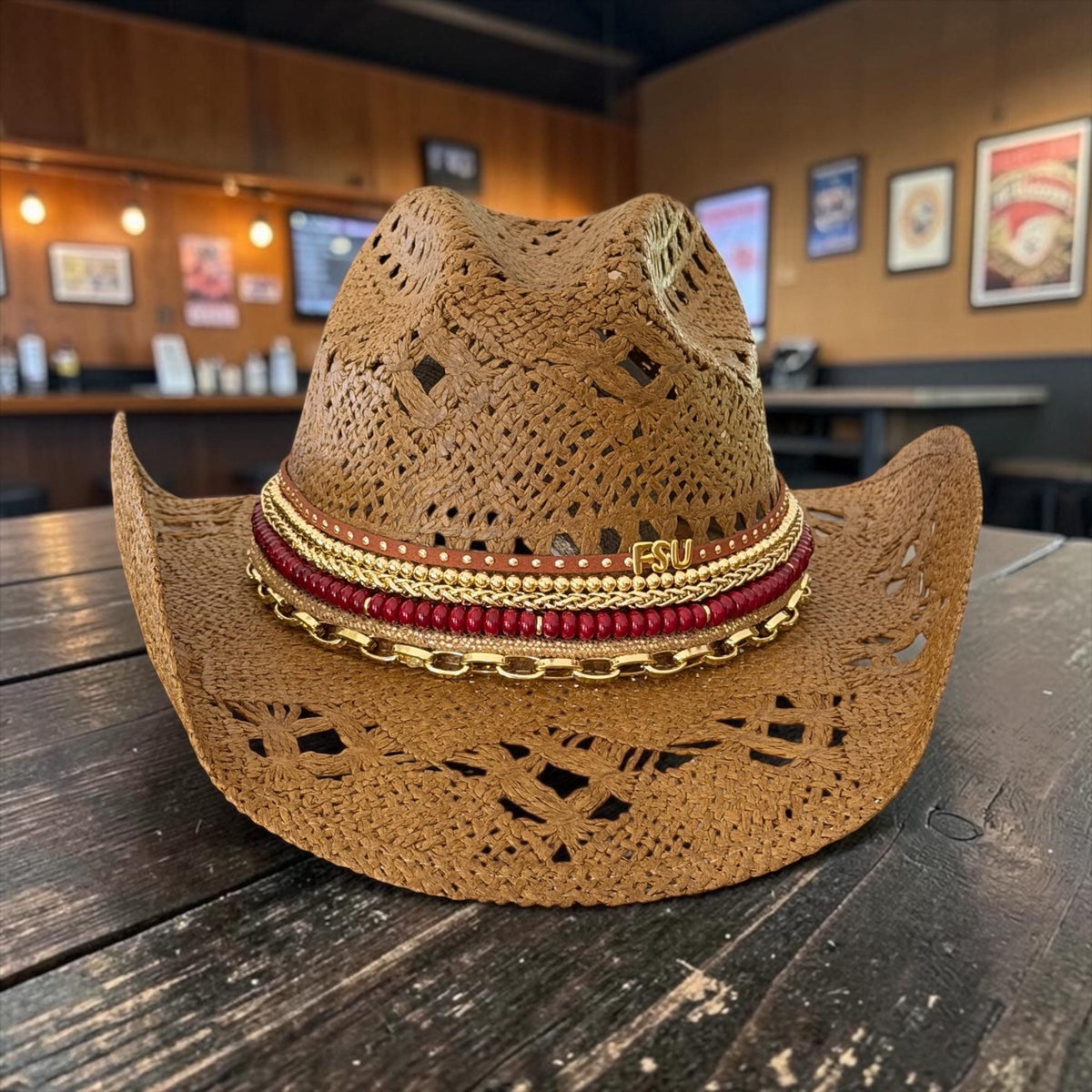 FSU Straw Hat College Spirit Gifts Personalized Fan Gear Custom Game Day Hat School Spirit Beaded Western Cowboy Accessory Garnet Gold