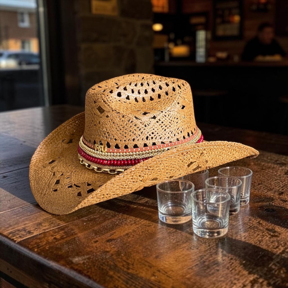 FSU Straw Hat College Spirit Gifts Personalized Fan Gear Custom Game Day Hat School Spirit Beaded Western Cowboy Accessory Garnet Gold