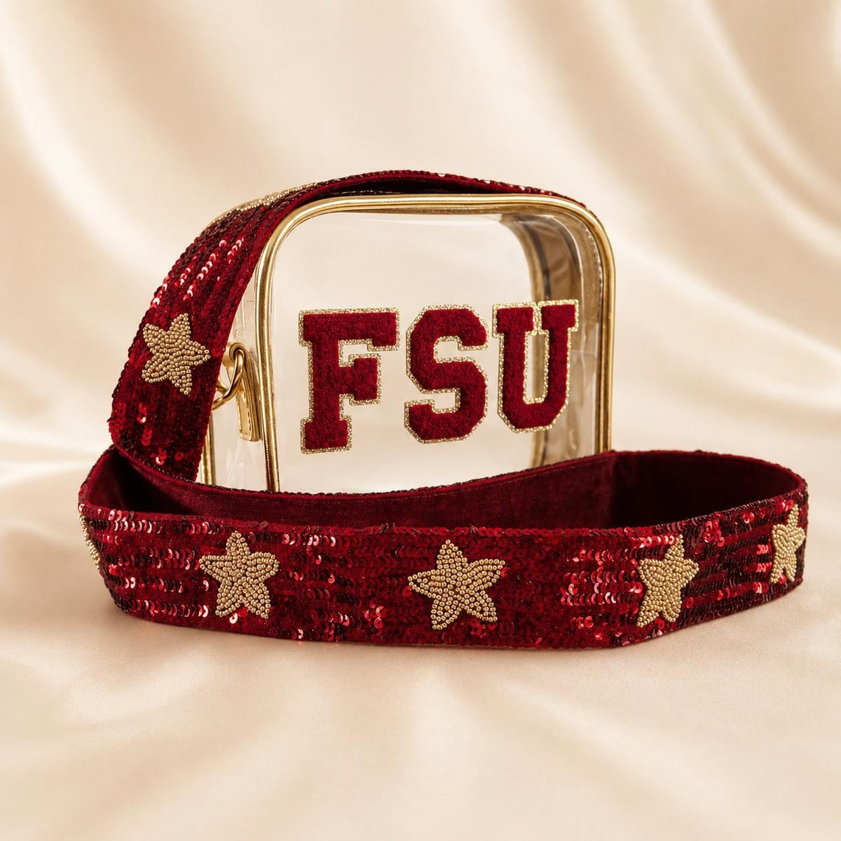 Sequin Strap Crossbody Clear Stadium Bag Garnet Gold FSU Fan Gear Football Game Day Purse NCAA Approved Security Compliant Transparent Handbag Venue Ready Women Gift Florida State Team Colors Fashionable Design Hands Free Carrying Sporting