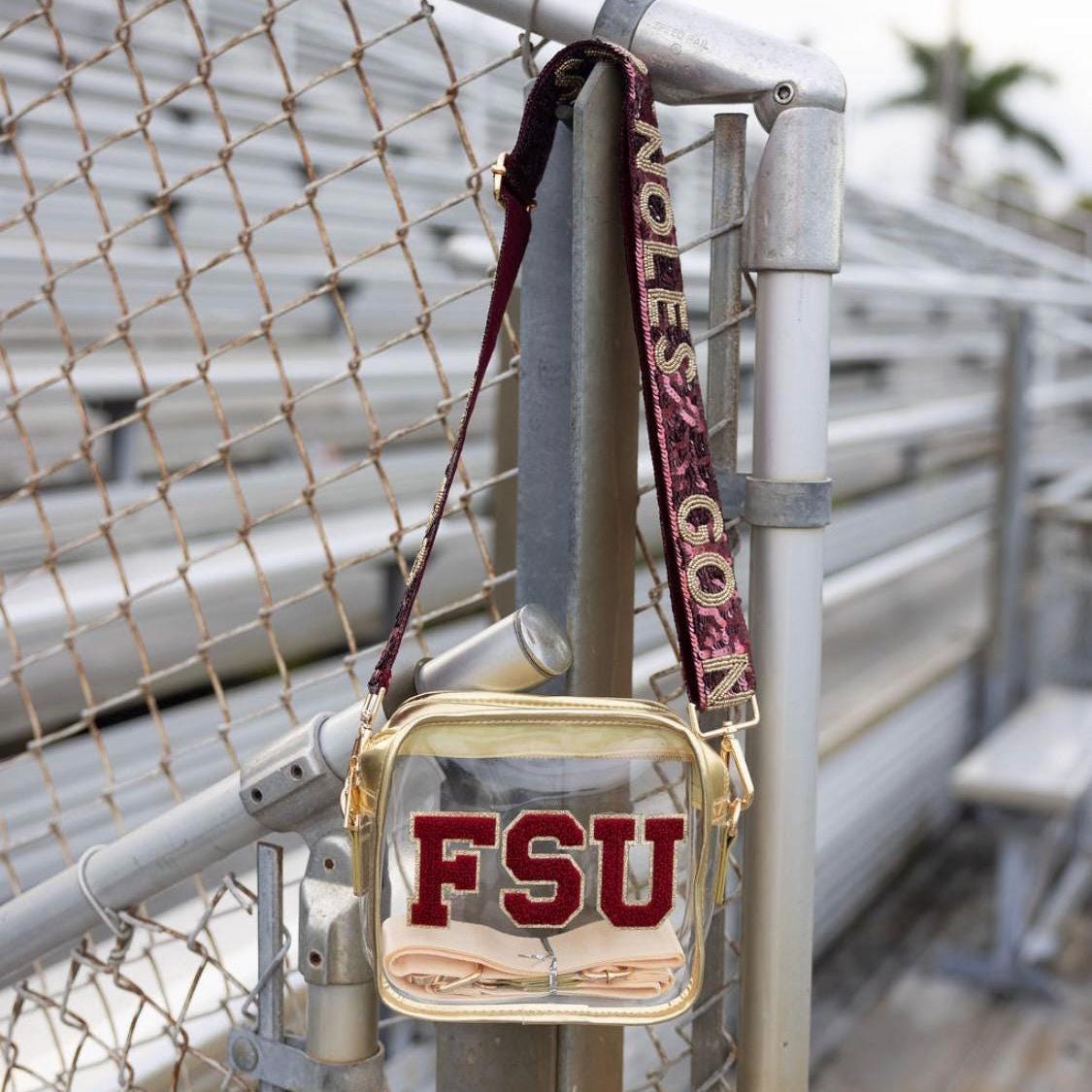 NCAA Approved Clear Stadium Bag Football Game Day Essential Crossbody Purse Sequin Strap Garnet Gold FSU Fan Gear Security Compliant Venue Handbag Transparent Small Purse Women Gift Florida State Seminole Spirit Team Colors Fashionable