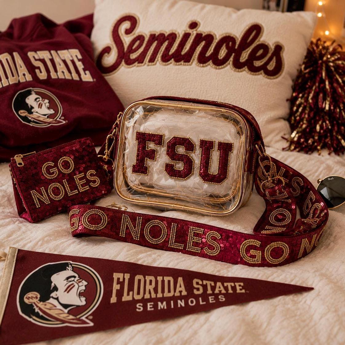 Transparent Handbag Clear Stadium Security Compliant Bag Crossbody Purse Sequin Strap FSU Garnet Gold Football Game Day Fan Gear NCAA Approved Venue Ready Women Gift Florida State Team Spirit Fashionable Design Hands Free Carrying Small