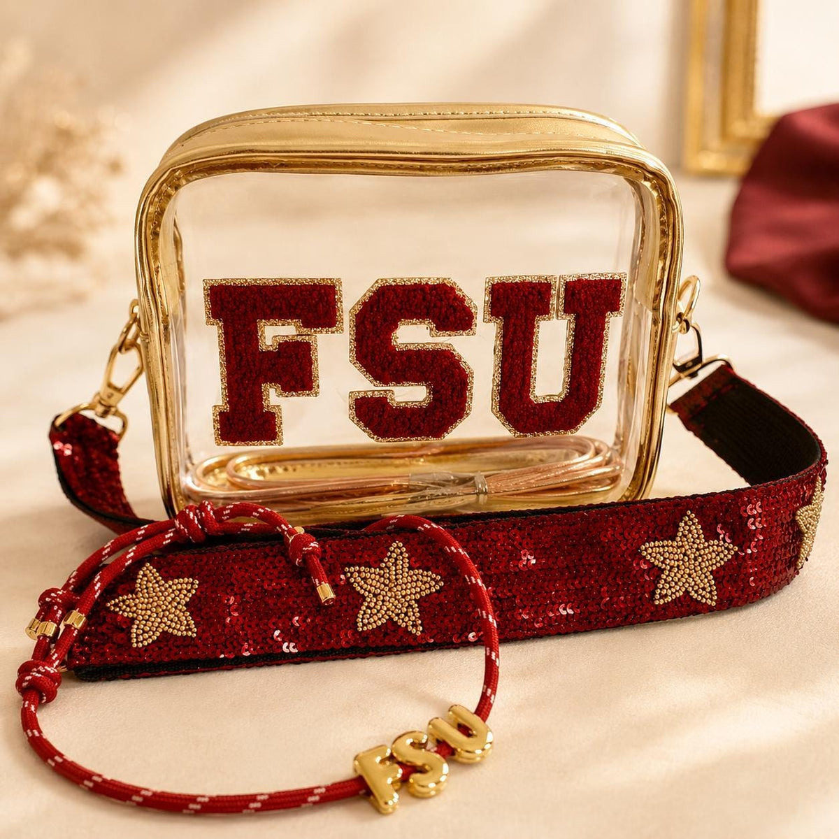 Clear Stadium Bag Crossbody Purse Sequin Strap Garnet Gold Fsu Gameday Football Fan Gear Gift Ncaa Approved Security Compliant Venue Handbag