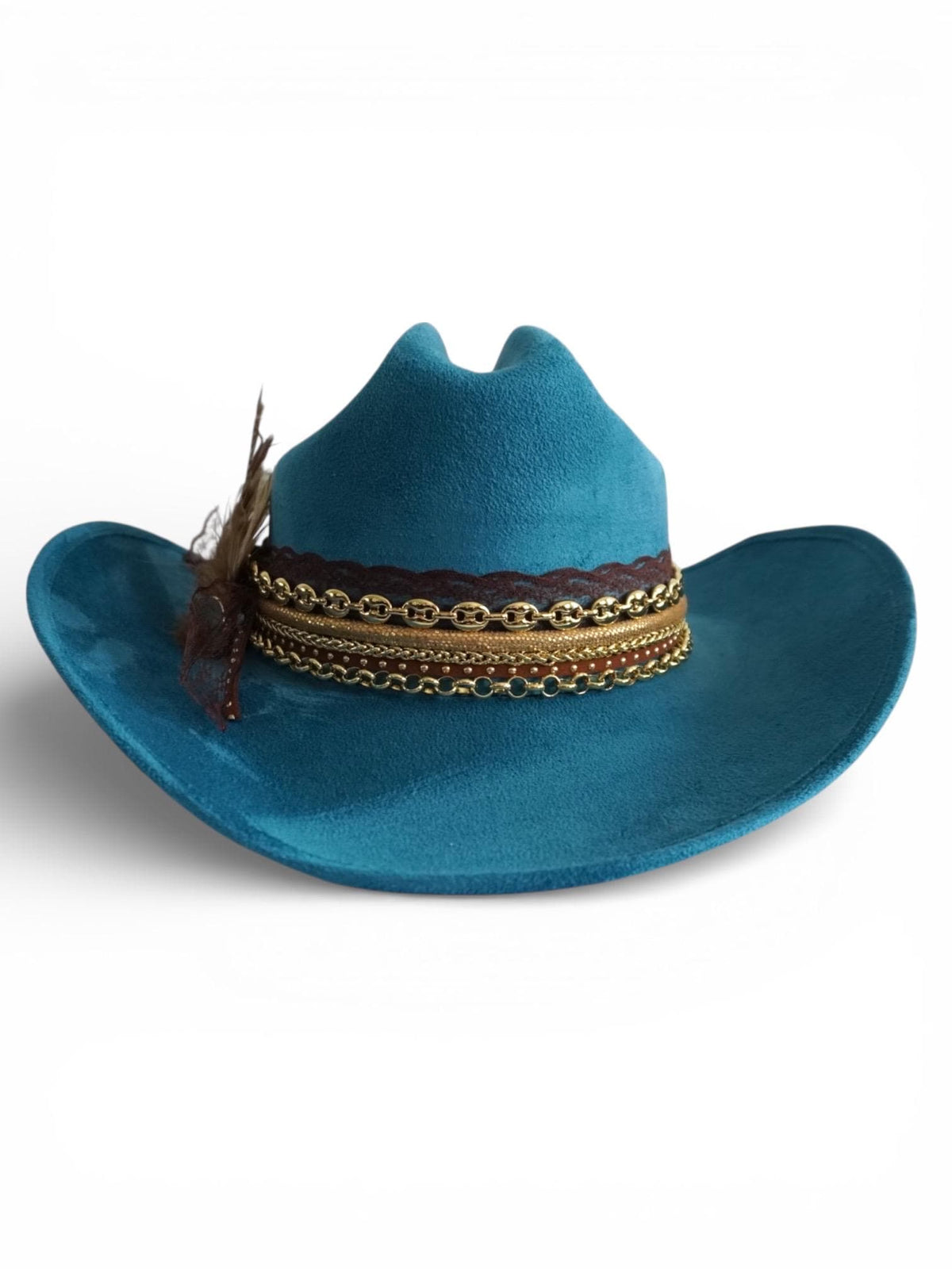 Statement Western Hat Turquoise Festival Accessory Embellished Cowboy Hat Gold Chain Design Bachelorette Party Fashion Essential Nashville Wedding Guest Outfit Country Concert Style Boho Western Headwear Feather Details Handcrafted Teal Hat