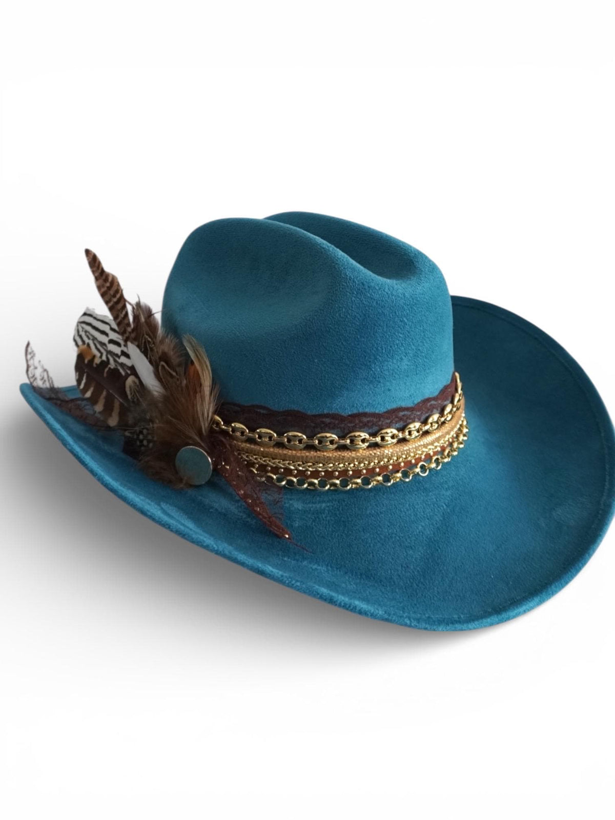 Turquoise Cowboy Hat Festival Fashion Accessory Western Style Statement Piece Gold Chain Embellished Design Feather Details Country Concert Outfit Essential Boho Festival Headwear Women Handcrafted Western Hat Teal Color Nashville