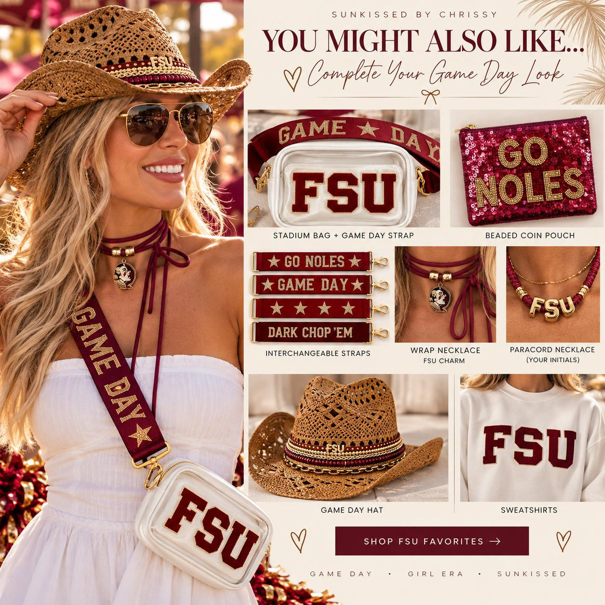 FSU Straw Hat College Spirit Gifts Personalized Fan Gear Custom Game Day Hat School Spirit Beaded Western Cowboy Accessory Garnet Gold