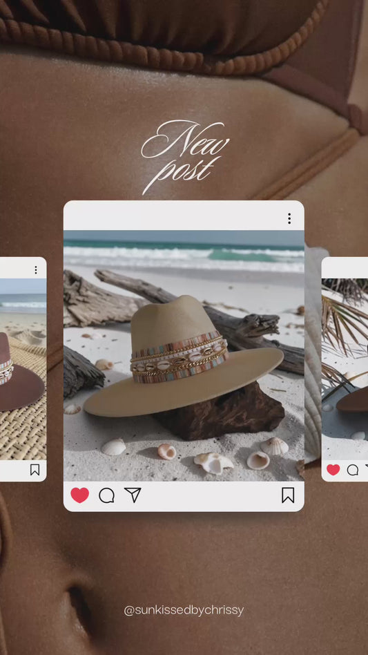Water resistant beach hat with shells Vacation Hat for Women Coastal Jute Panama Hat Boater Hat