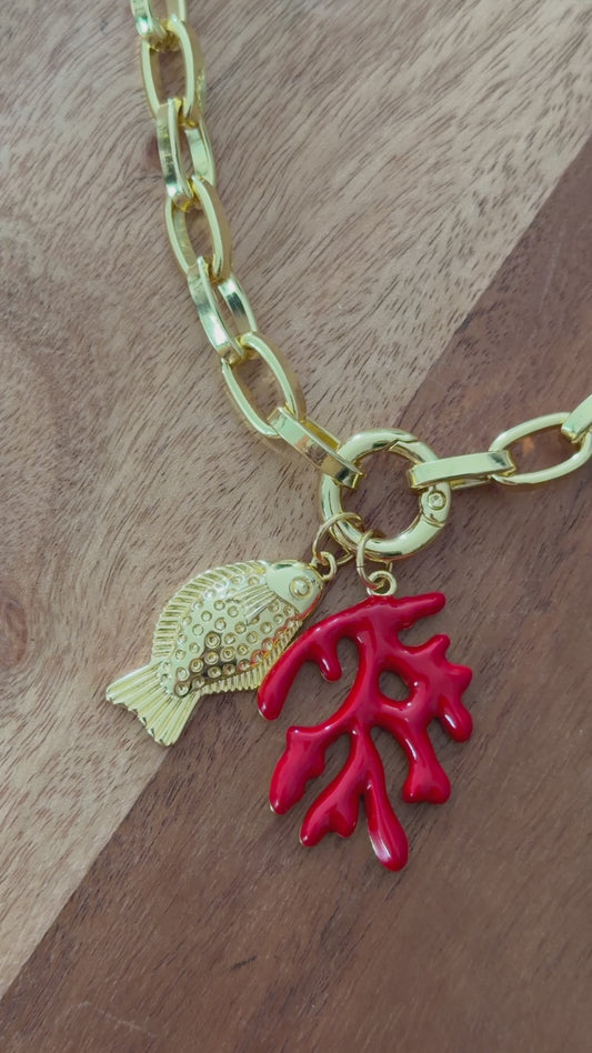 Coastal Charm Necklace | 18K Gold Plated Fish & Red Coral Pendant Necklace | Tarnish Resistant Ocean Jewelry | Beach Vacation Gift for Her