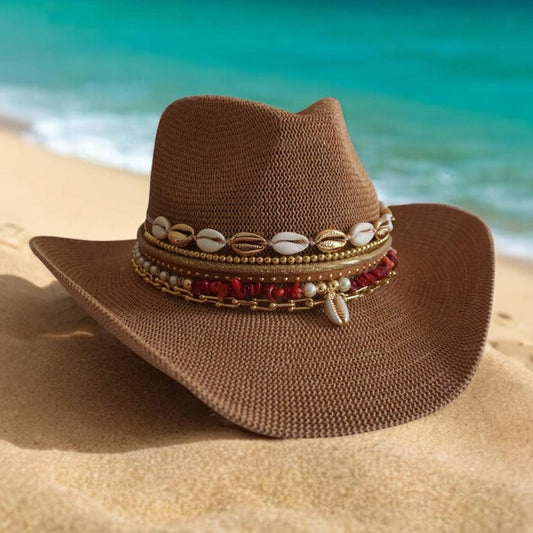 Sunkissed by Chrissy jeweled cowboy beach hat with straw brim, perfect for tropical vacations and coastal resort wear.