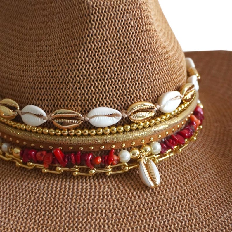 Jeweled straw cowgirl beach hat with tropical shell accents, perfect for summer vacation and resort wear by Sunkissed by Chrissy.