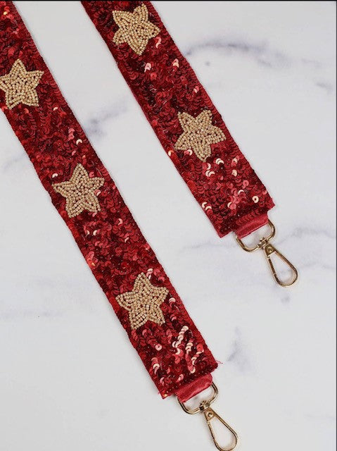 Sequin and beaded purse strap with garnet and white star design, perfect for clear stadium crossbody bags and college game day accessories.