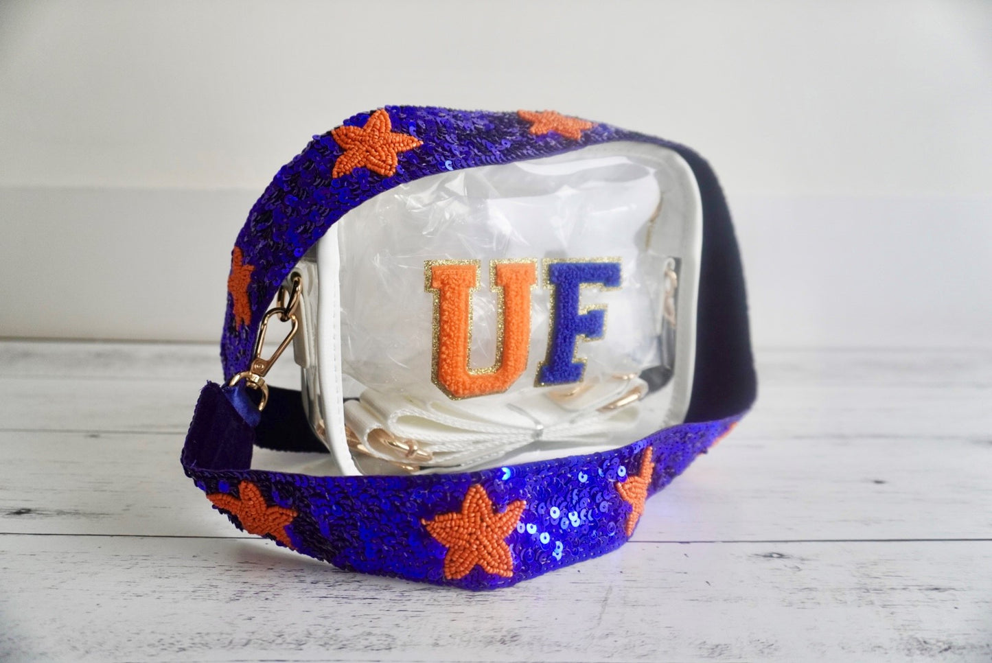 Beaded sequin purse strap by Sunkissed by Chrissy for clear stadium crossbody bags, featuring gator design for game day accessories.