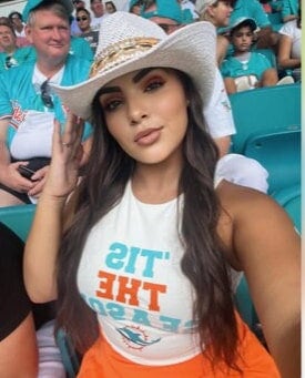 Sunkissed by Chrissy Dolphins cowboy hat with jeweled dolphins and fins, featuring Miami Dolphins NFL logo and custom design.