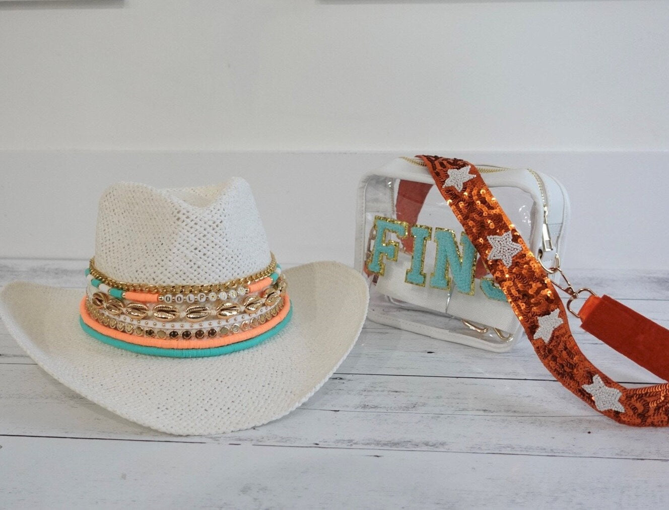 Sunkissed by Chrissy Dolphins cowboy hat with jeweled dolphin and fins design, featuring a Miami Dolphins NFL fan-themed visor hat.