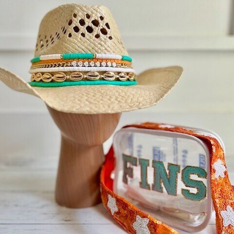 Sunkissed by Chrissy Dolphins cowboy hat with jeweled dolphins and fins, featuring Miami Dolphins logo, perfect for NFL fans.
