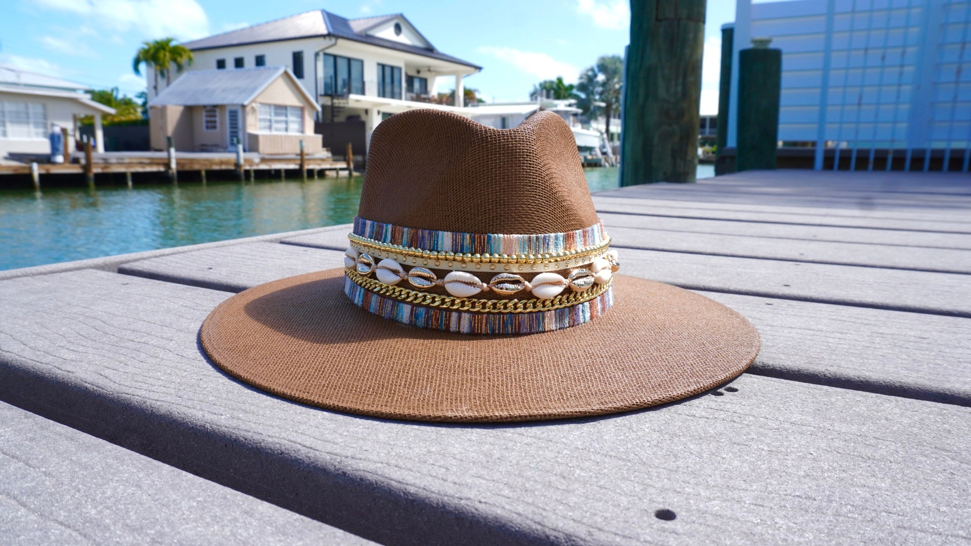 Sunkissed by Chrissy women's water-resistant beach hat with shells, coastal jute Panama boater hat for sun protection and stylish beachwear