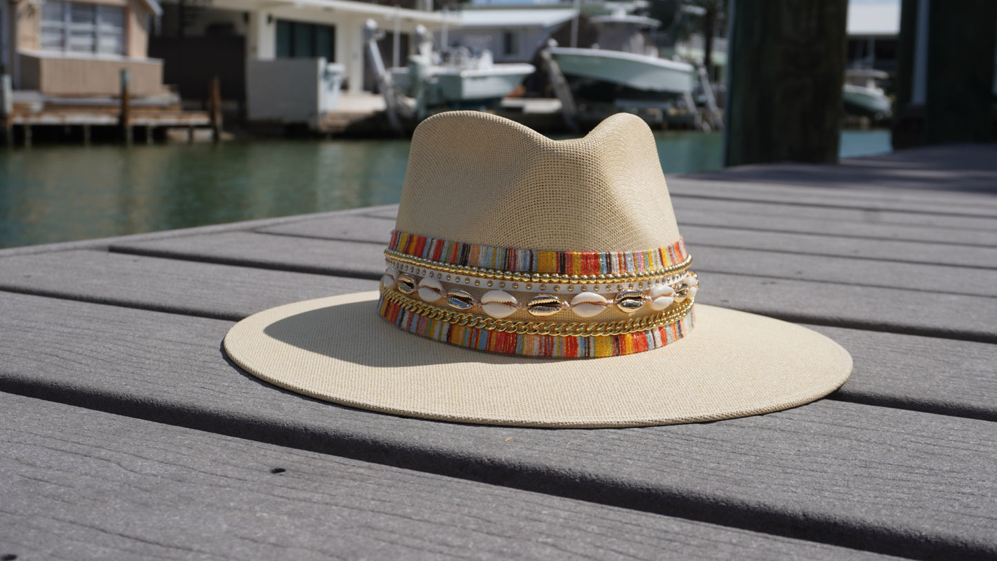 Water-resistant beach hat by Sunkissed by Chrissy featuring shells, jute material, perfect for coastal vacations and sunny days.