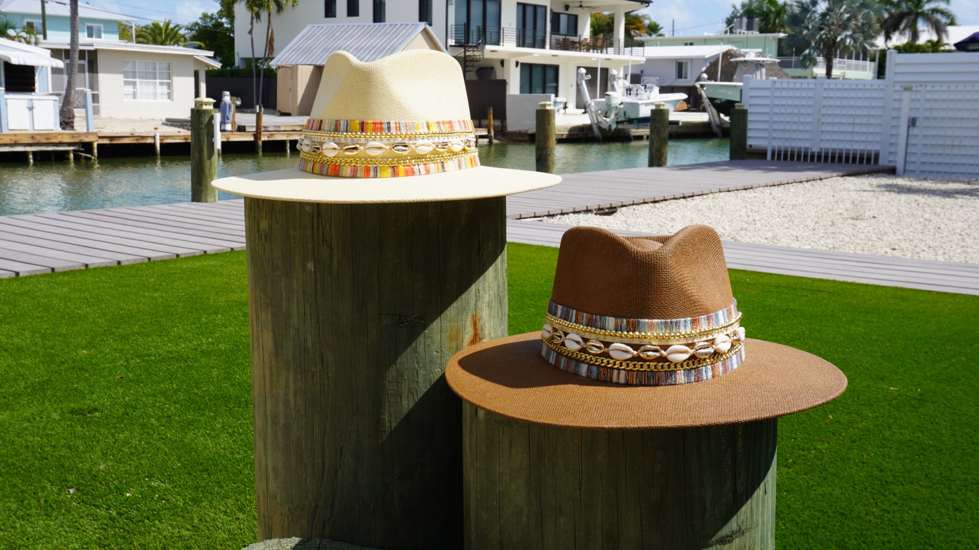 Water-resistant beach hat for women with shells, coastal jute Panama style boater hat by Sunkissed by Chrissy