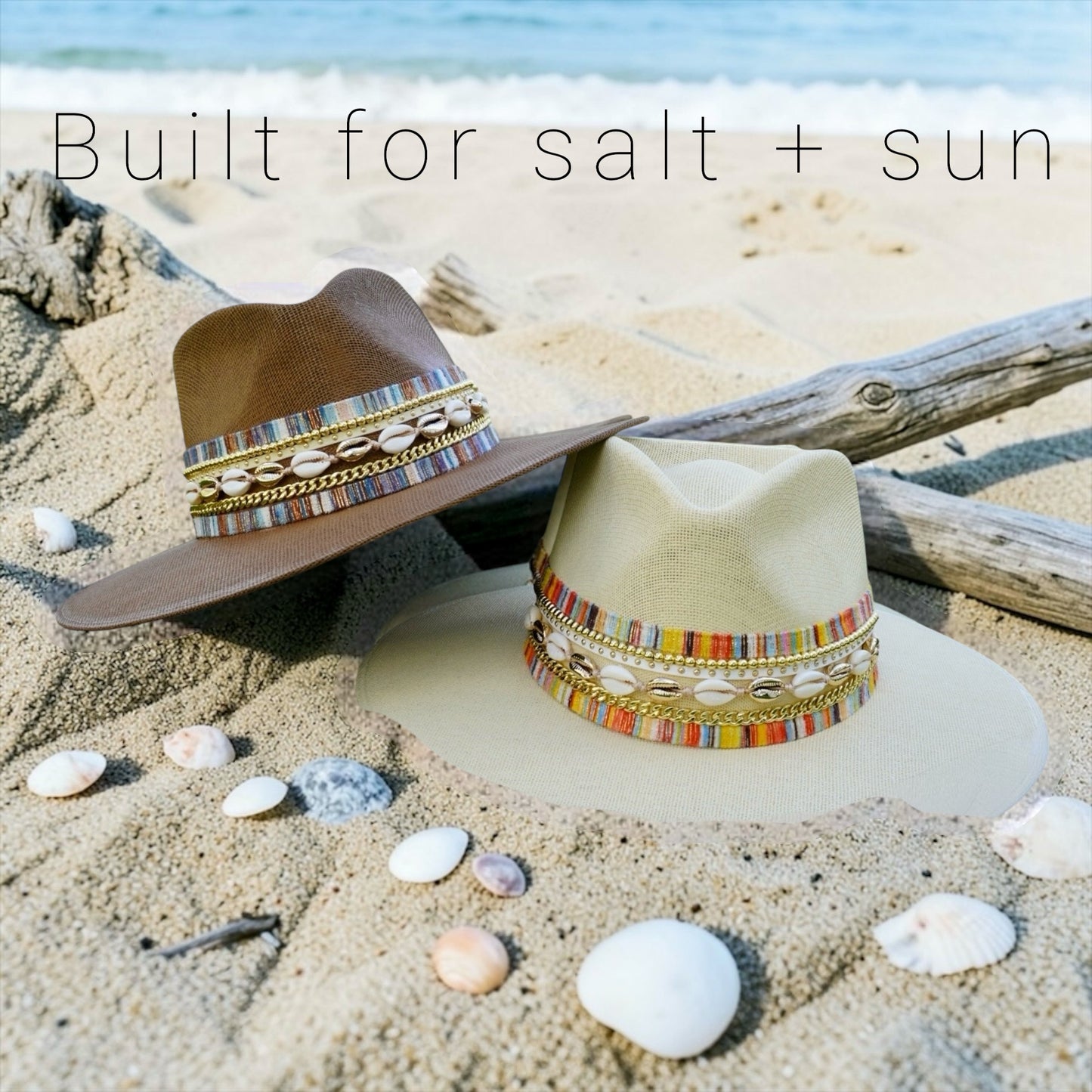 Water-resistant beach hat with shell accents, coastal jute Panama style boater hat for women by Sunkissed by Chrissy.