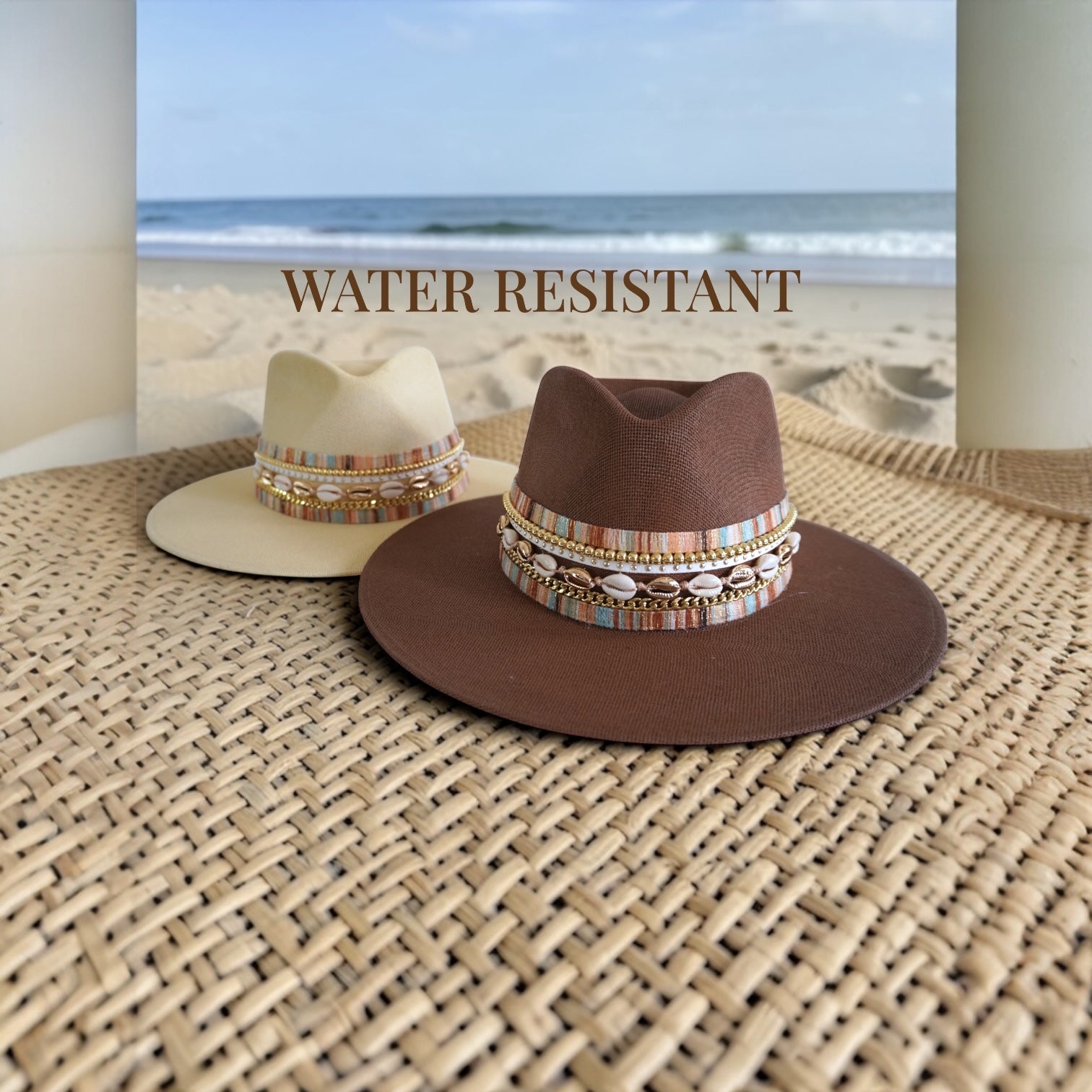 Water-resistant beach hat with shells by Sunkissed by Chrissy, featuring coastal jute material and a classic Panama style.