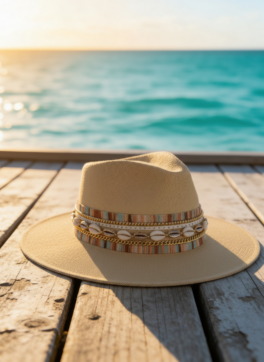 Sunkissed by Chrissy water-resistant beach hat for women with shells, coastal jute material, boater style for summer vacations.