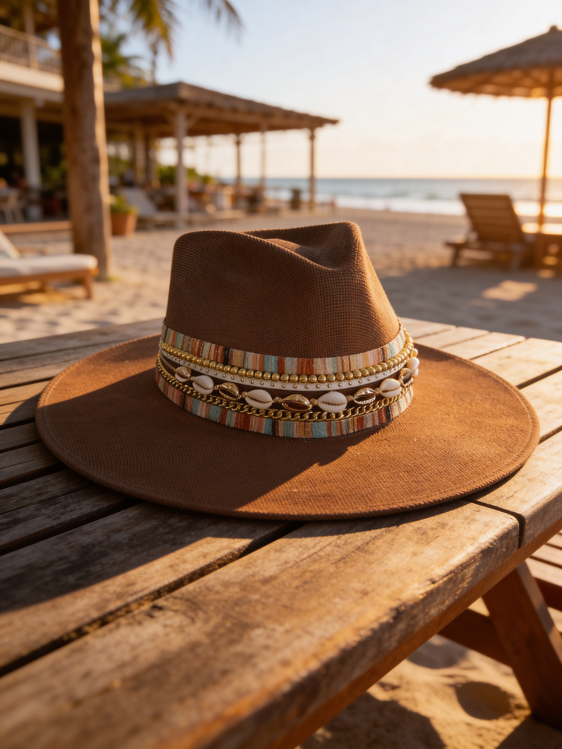 Water-resistant beach hat with shells, coastal jute Panama style boater hat for women by Sunkissed by Chrissy