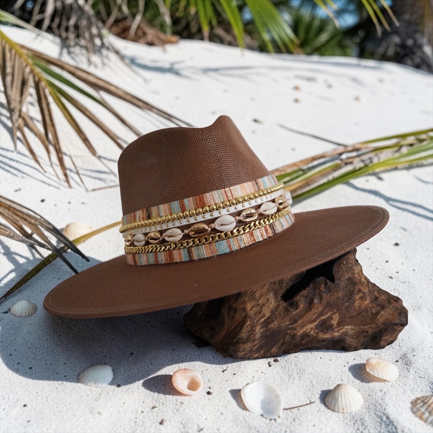 Water-resistant beach vacation hat for women with shell accents, coastal jute boater style Panama hat by Sunkissed by Chrissy