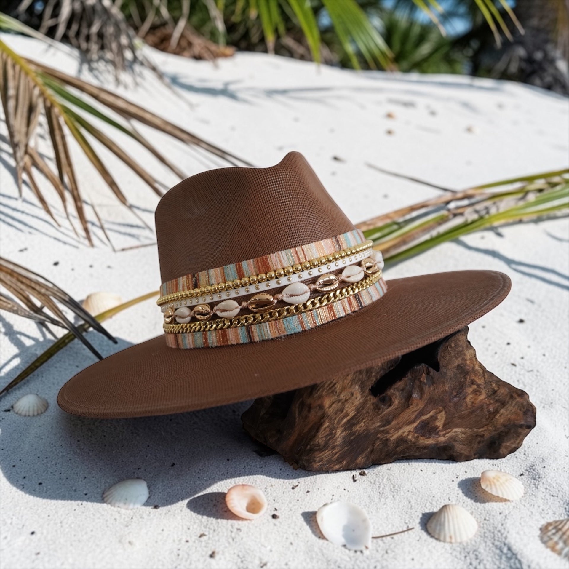 Water-resistant beach vacation hat for women with shell accents, coastal jute boater style Panama hat by Sunkissed by Chrissy
