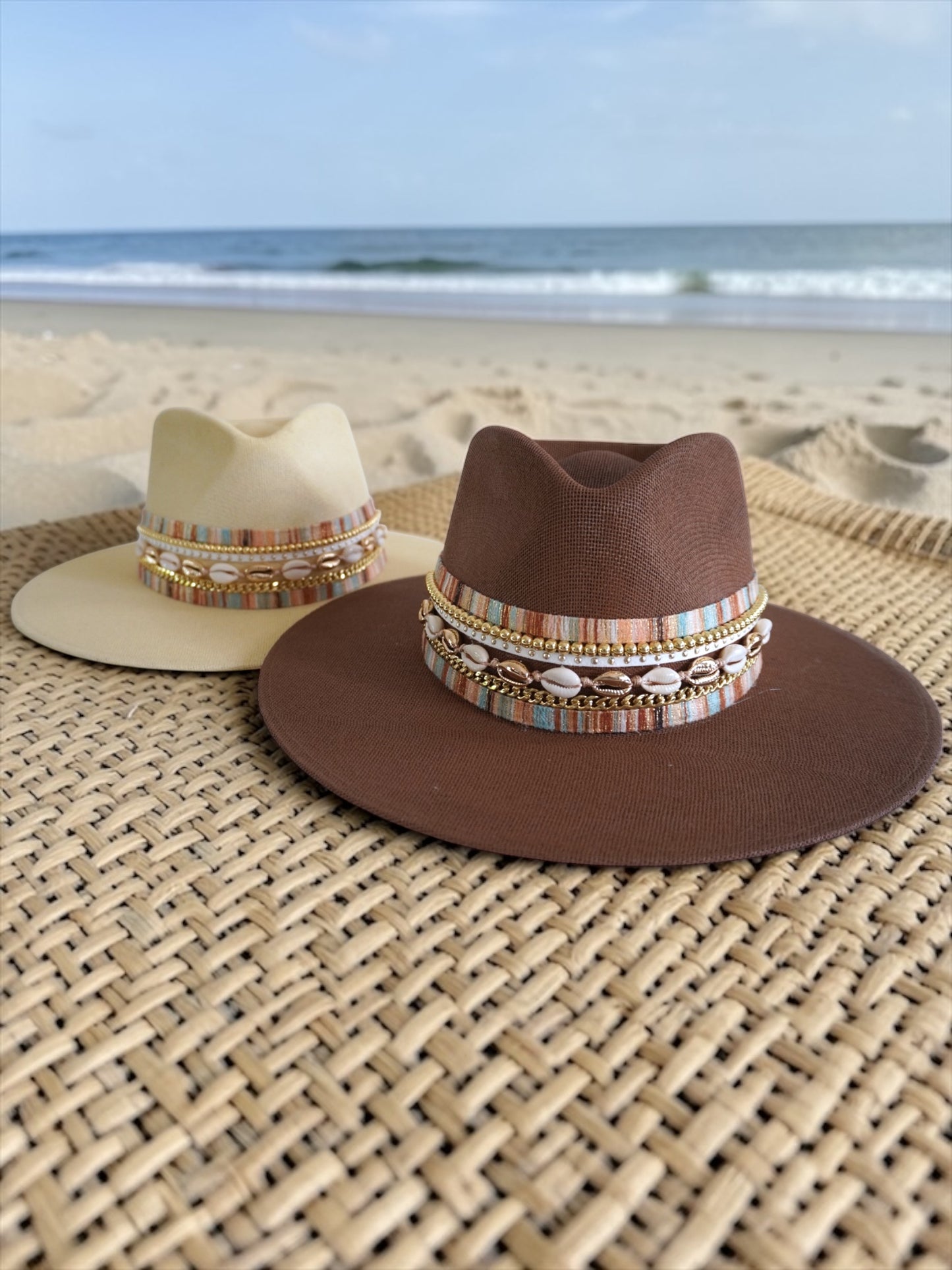 Sunkissed by Chrissy water-resistant beach hat with shells, coastal jute Panama hat for women, boater style, sun protection.
