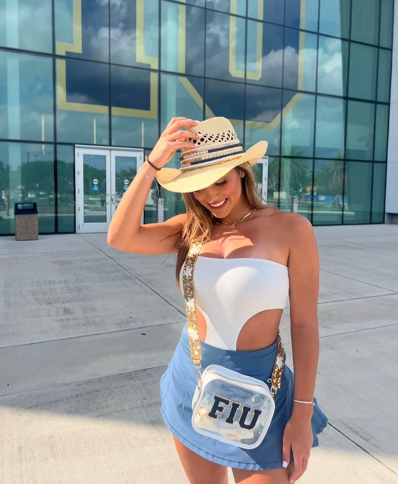 Navy and gold FIU Panthers clear stadium crossbody bag by Sunkissed by Chrissy, stadium approved for Florida International University games.