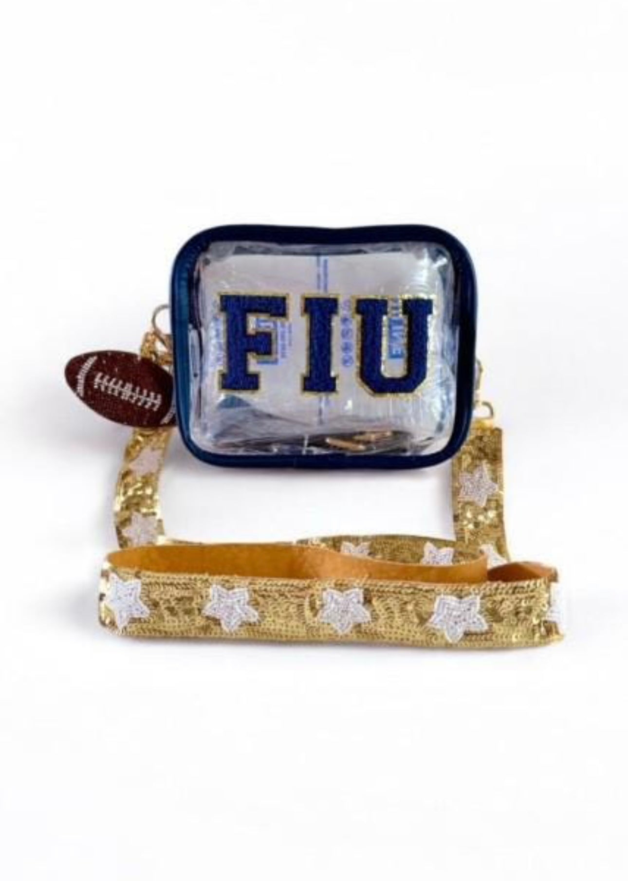 Navy and gold FIU Panthers clear stadium crossbody bag by Sunkissed by Chrissy, stadium-approved game day purse with adjustable strap