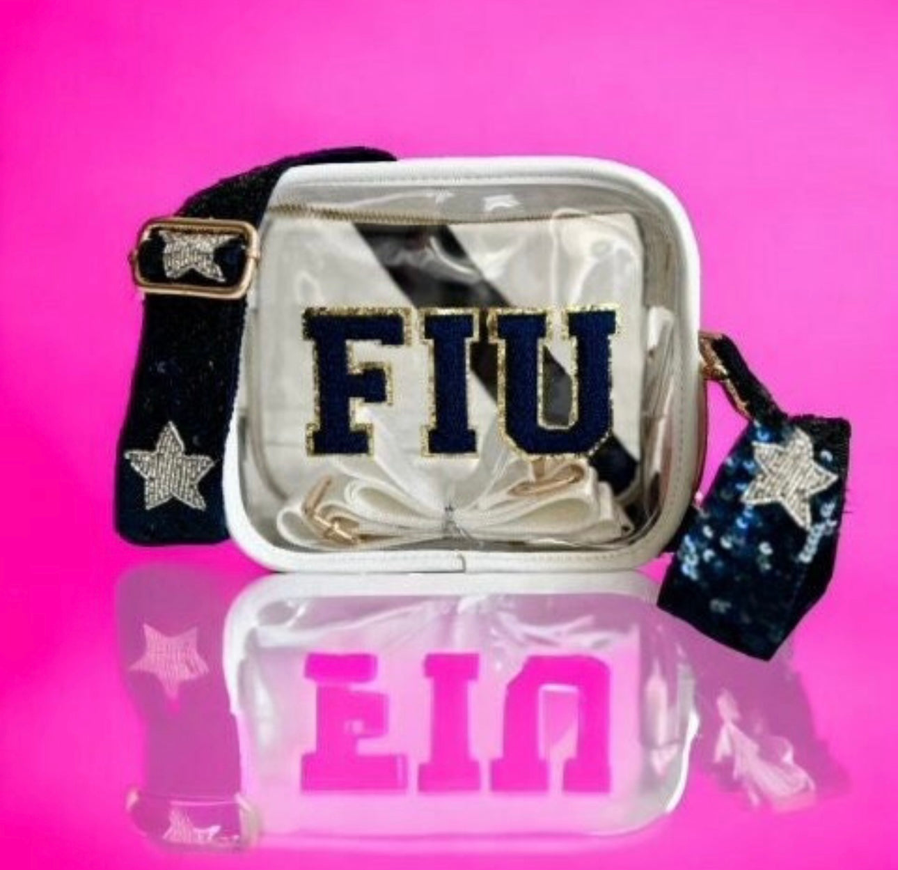 Navy and gold FIU Panthers clear stadium crossbody bag by Sunkissed by Chrissy, stadium approved for game day.