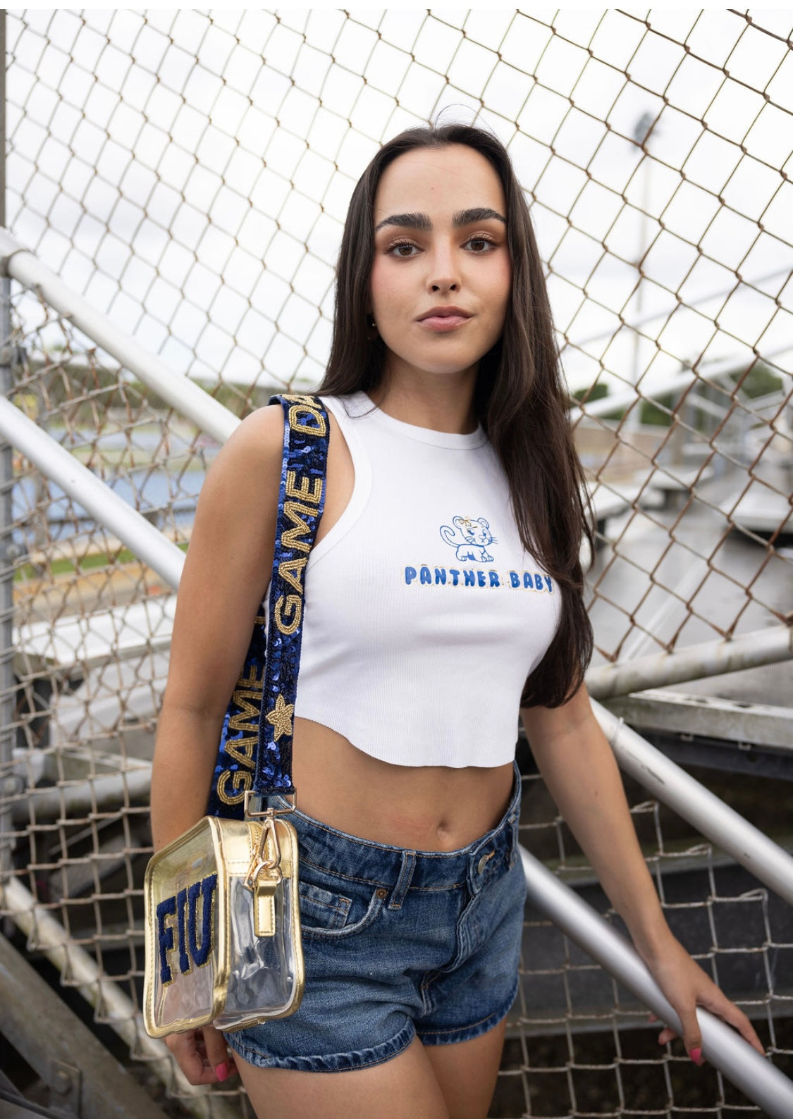 Sunkissed by Chrissy FIU Panthers clear stadium crossbody bag in navy and gold, stadium approved for Florida International University games.