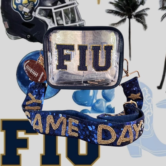 Sunkissed by Chrissy FIU Panthers clear stadium crossbody bag in navy and gold, stadium approved for Florida International University games.