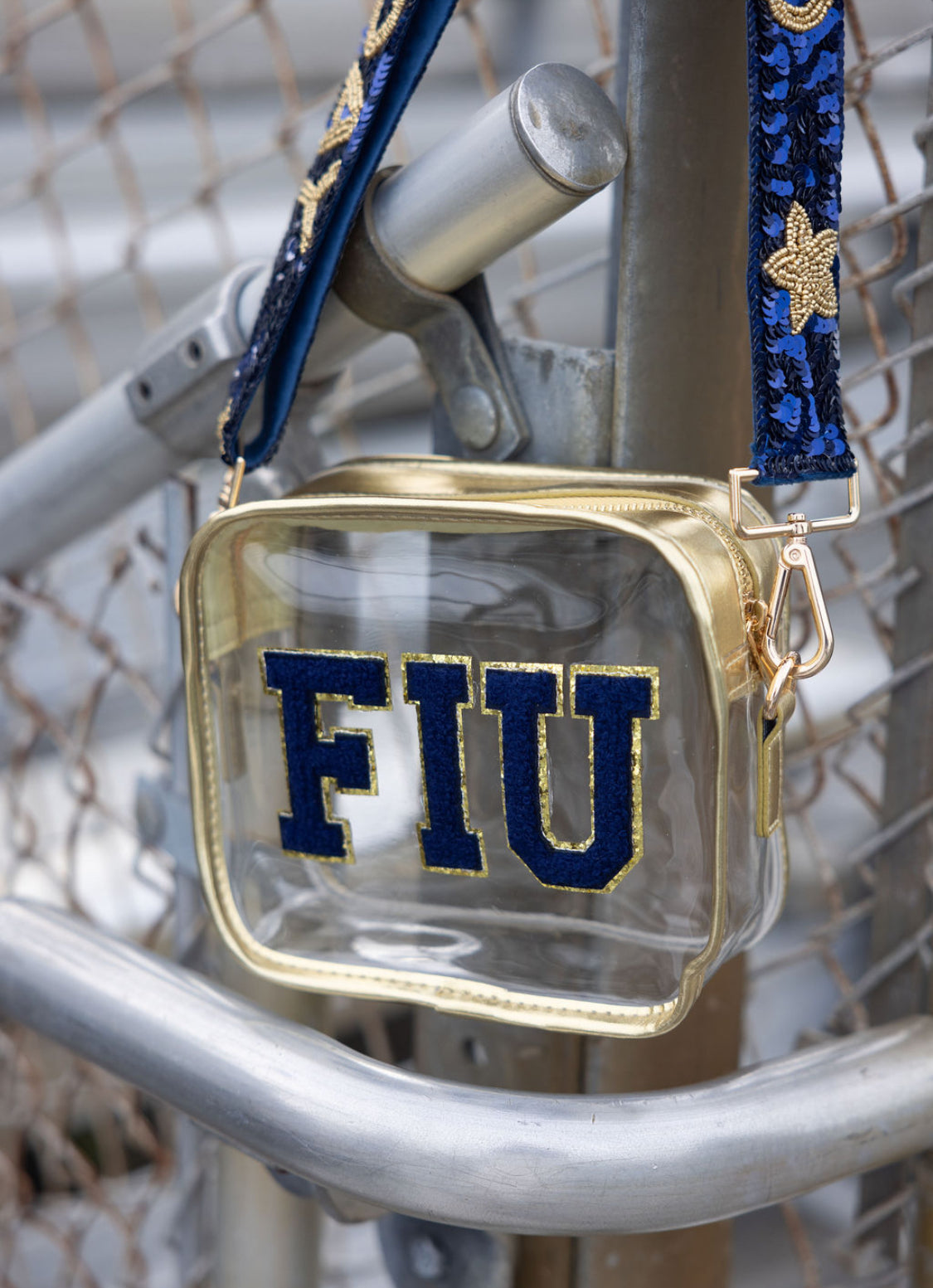 Navy and gold FIU Panthers clear stadium bag by Sunkissed by Chrissy, crossbody style, stadium approved for Florida International University games.