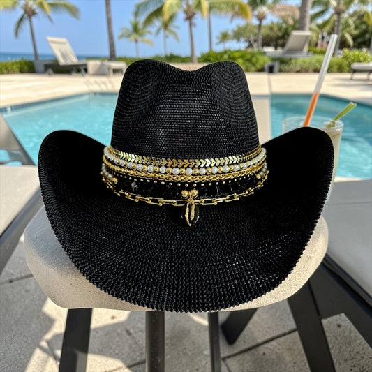 Sunkissed by Chrissy black festival straw western hat with jeweled accents, gold and shell beads, perfect for beach and vacation style