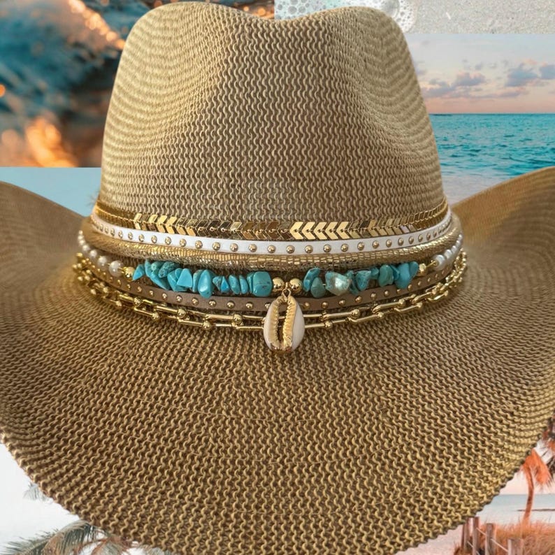 Sunkissed by Chrissy Coastal Cowgirl straw beach hat with turquoise jewels, custom shell accents, perfect for resort or vacation wear.