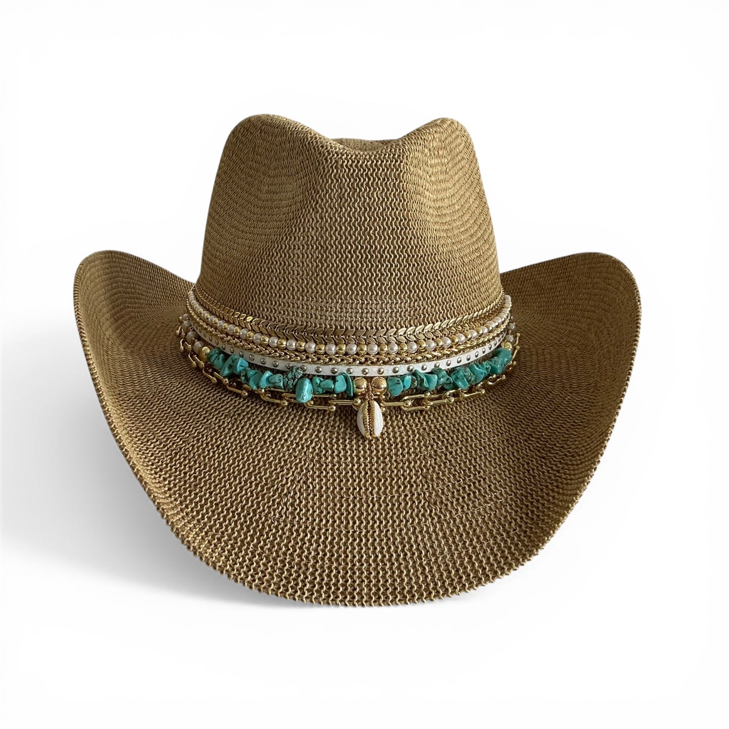 Sunkissed by Chrissy Coastal Cowgirl summer straw beach hat with jeweled accents, turquoise band, and wide brim for vacation style.