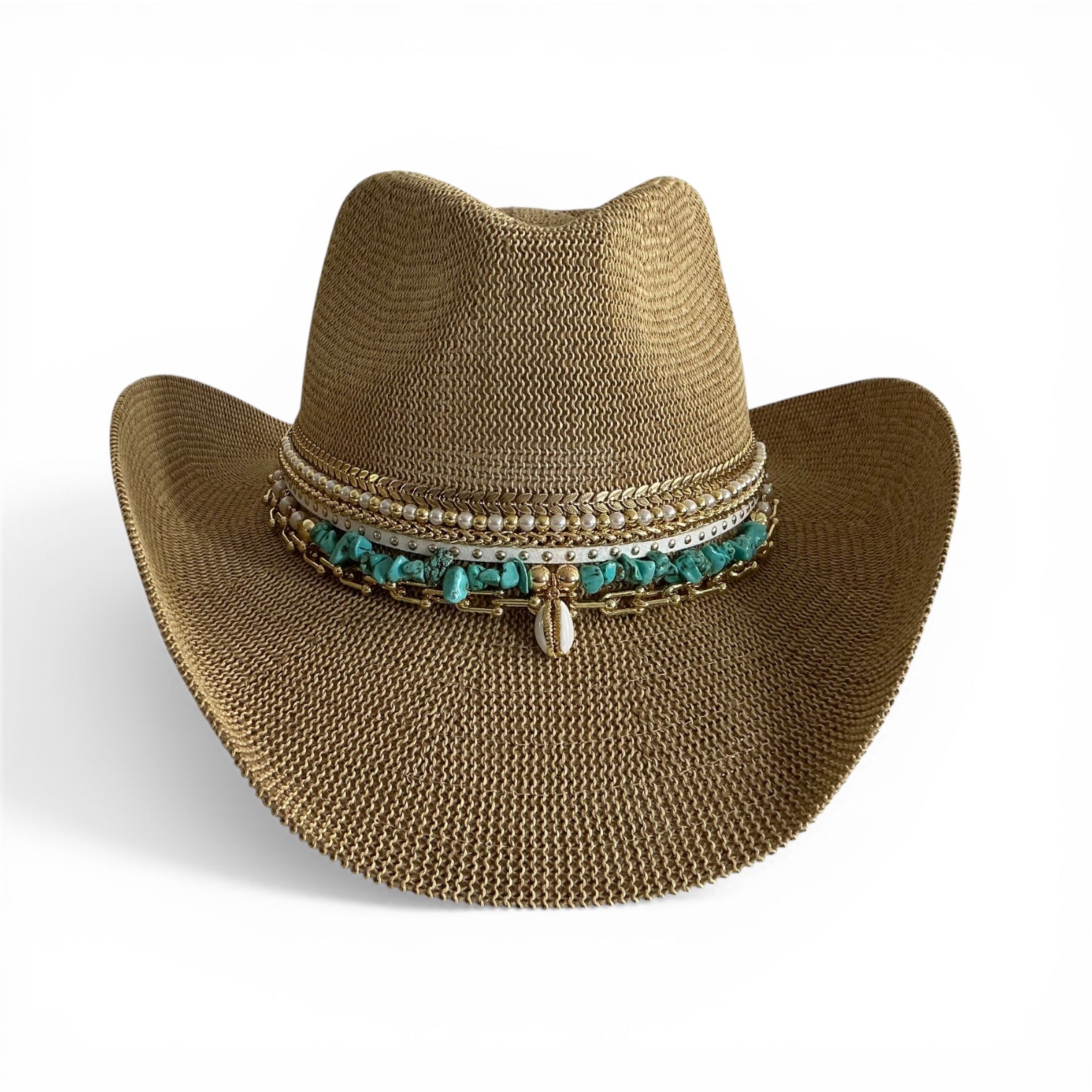 Sunkissed by Chrissy Coastal Cowgirl summer straw beach hat with jeweled accents, turquoise band, and wide brim for vacation style.