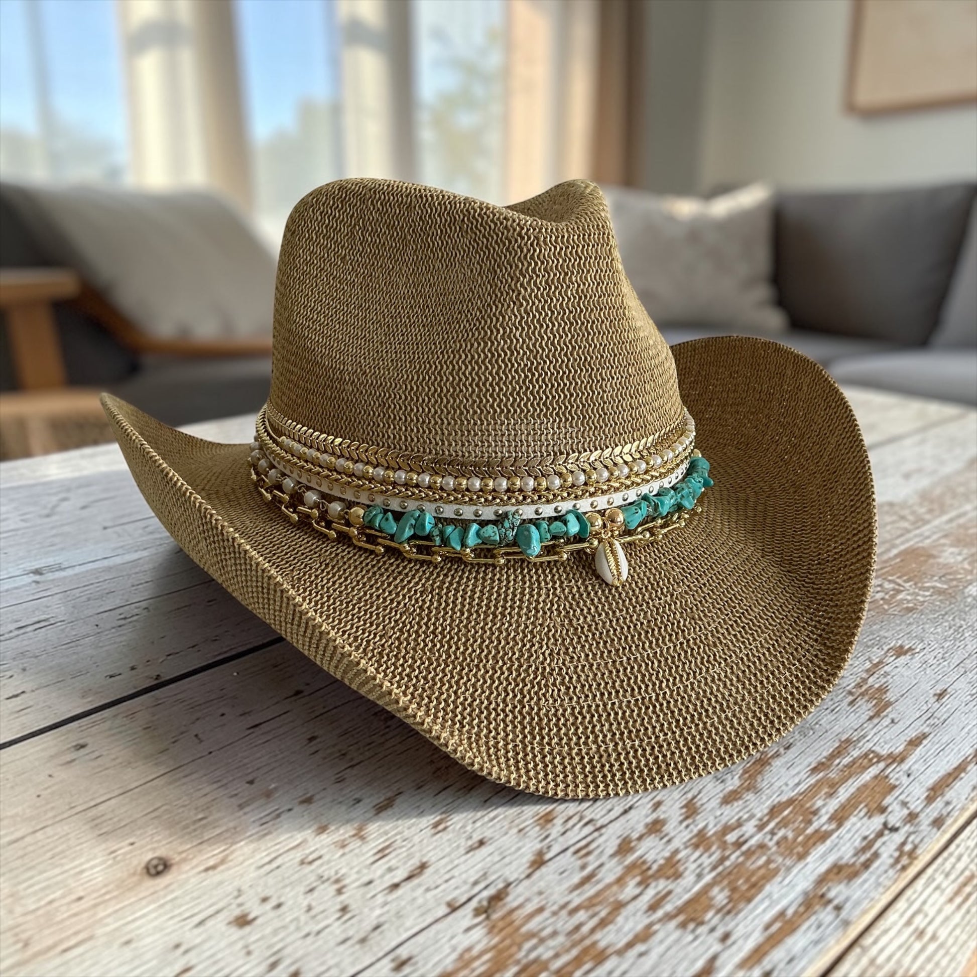Sunkissed by Chrissy Coastal Cowgirl summer straw beach hat with turquoise jewels, cowboy style, perfect for resort vacation wear.