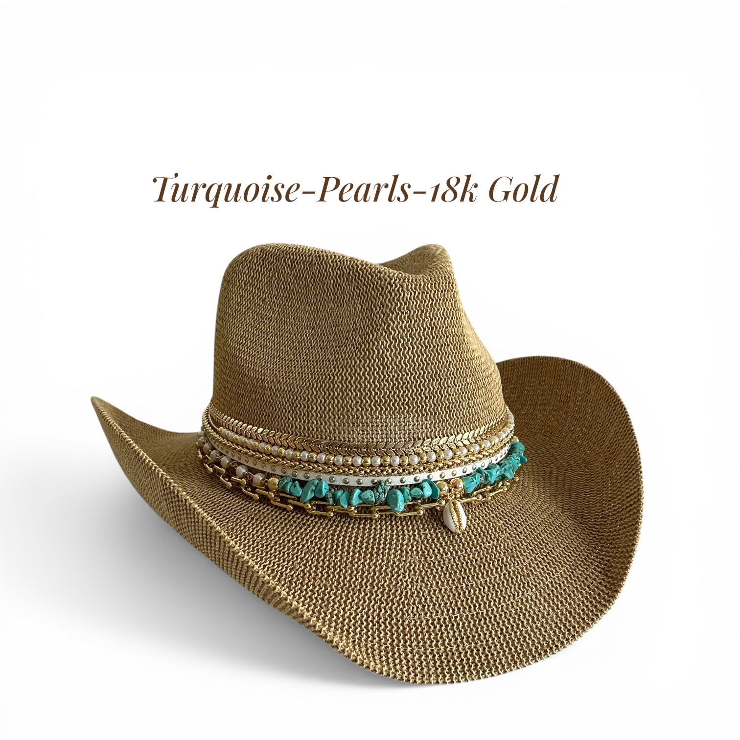 Sunkissed by Chrissy coastal cowgirl straw beach hat with jeweled cowboy style, turquoise accents, perfect for summer resort wear.