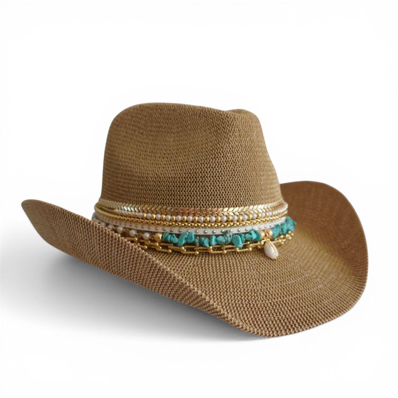 Sunkissed by Chrissy Coastal Cowgirl straw beach hat with jeweled cowboy design, turquoise accents, perfect for resort and vacation wear.