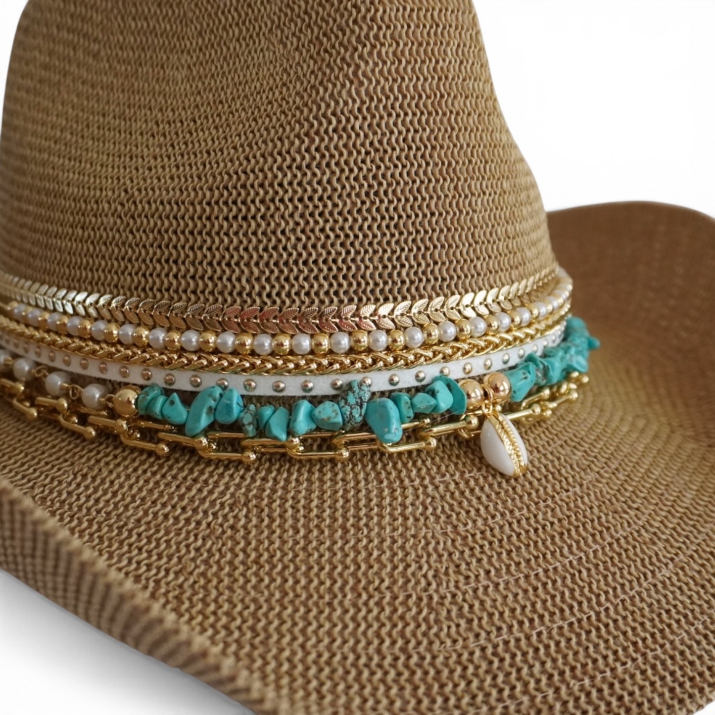 Sunkissed by Chrissy Coastal Cowgirl straw beach hat with jeweled accents, turquoise shells, perfect for summer resort wear and vacation style.
