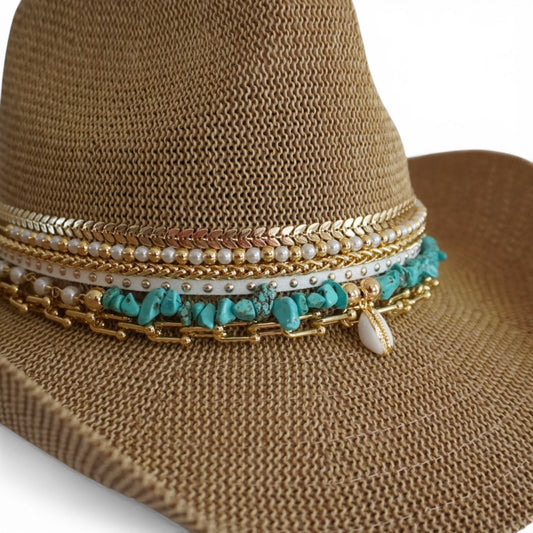 Sunkissed by Chrissy Coastal Cowgirl straw beach hat with jeweled accents, turquoise shells, perfect for summer resort wear and vacation style.
