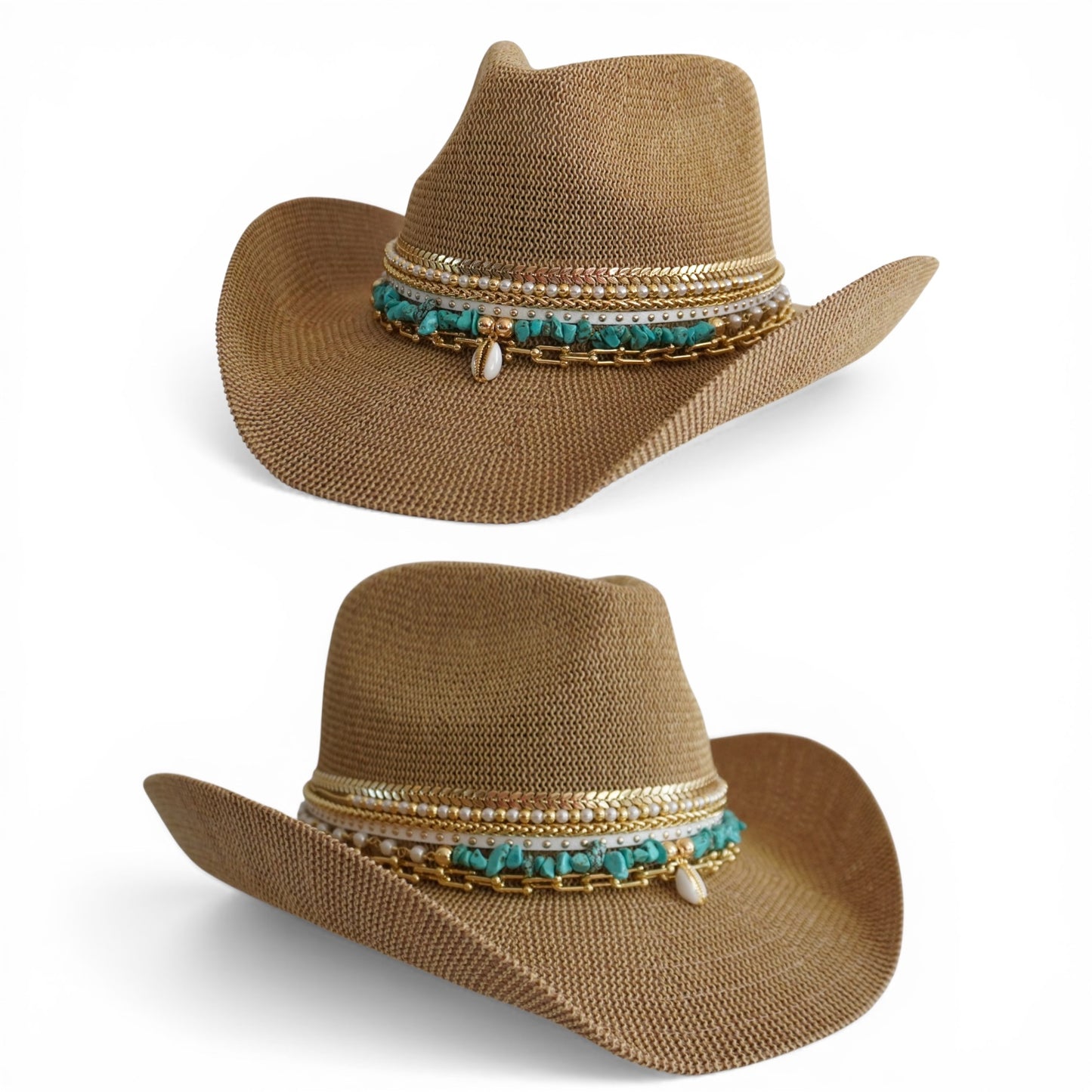 Sunkissed by Chrissy Coastal Cowgirl summer straw beach hat with turquoise jewels, cowboy style, perfect for resort and vacation wear