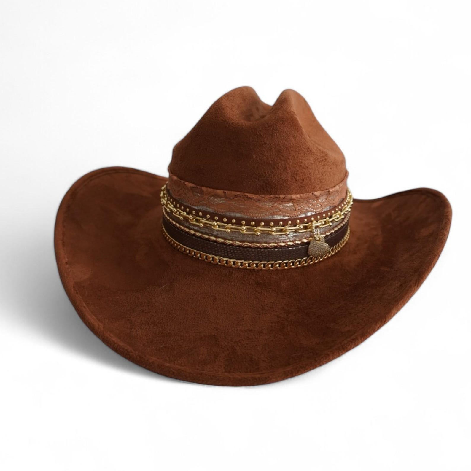 Sunkissed by Chrissy vegan suede Western cowboy hat with decorative band, perfect for Nashville concerts and country rodeo events.